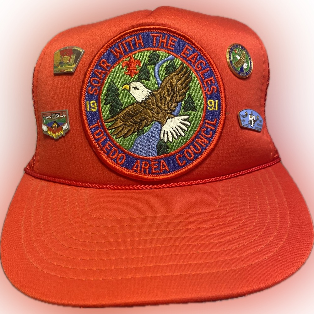 Vintage 1991 Red Boy Scout Trucker Hat With Pins Toledo Area Council